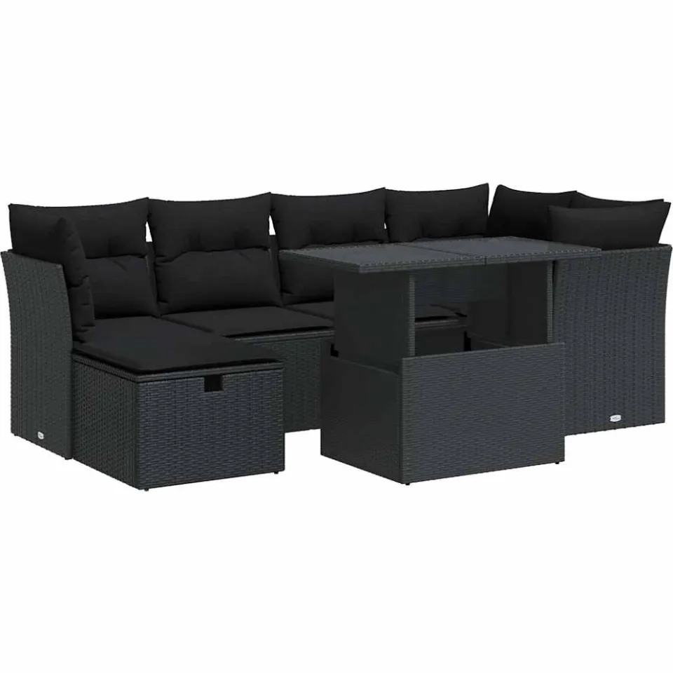 vidaXL 7-delige Loungeset met kussens poly rattan zwart, foto 3