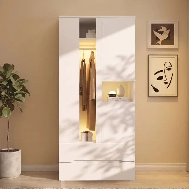 Welltin Kledingkast - Kledingkast Wit - Kledingkasten Slaapkamer - 4-deurs met 5 lades - 2 kledingroedes - MDF - 200x90x50 cm - Scandinavische