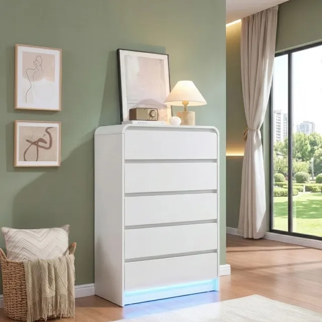 MEXUS Commode, hoge 5-ladenkast met ledverlichting, opbergmeubel 73 x 40 x 110 cm, afgerond ontwerp zonder handgrepen, moderne minimalistische stijl - Wit