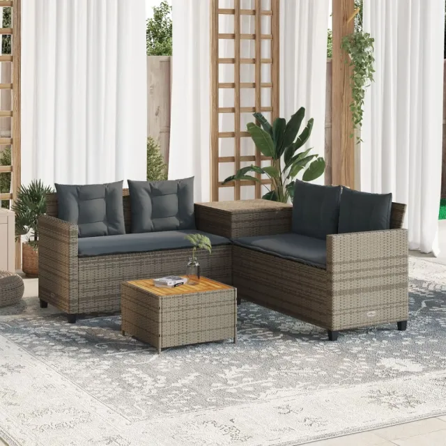 vidaXL Tuinbank met tafel en kussens L-vormig poly rattan grijs, foto 2