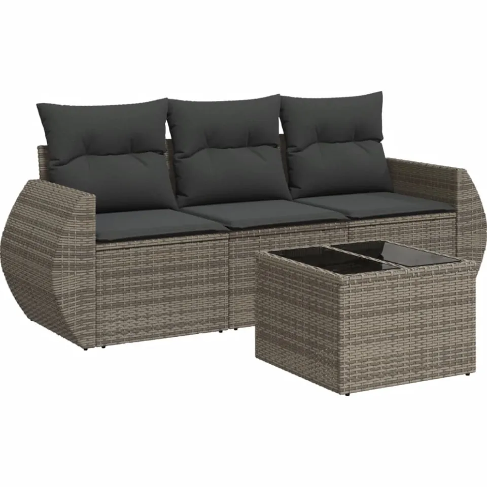 vidaXL 4-delige Loungeset met kussens poly rattan grijs, foto 3