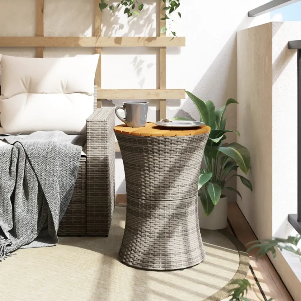 vidaXL Tuinbijzettafel trommelvormig poly rattan en massief hout grijs, foto 3