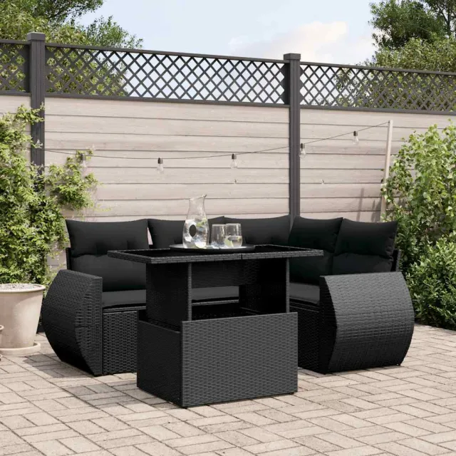 vidaXL 5-delige Loungeset met kussens poly rattan zwart, foto 2