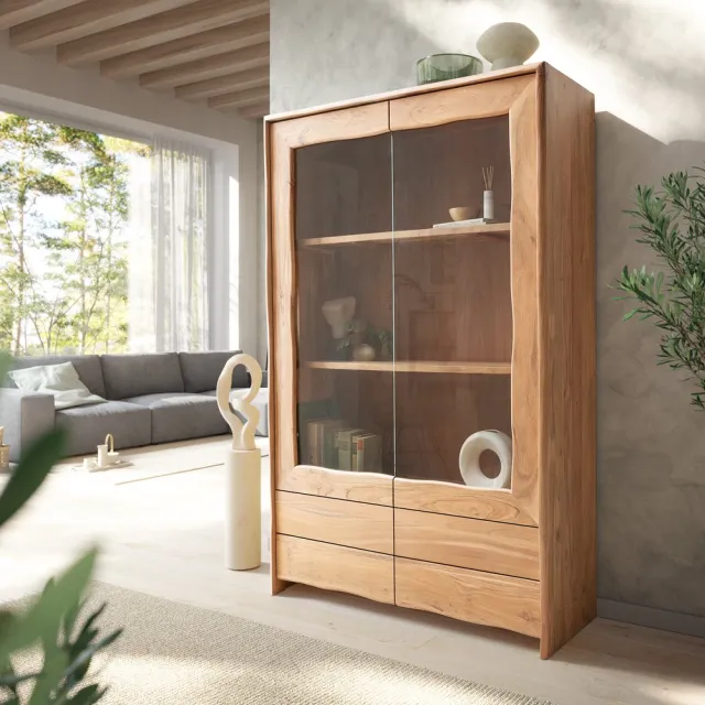 DELIFE Vitrinekast Live Edge acacia natuur 120x190 cm 2 deuren 4 laden Massief highboard Bruin