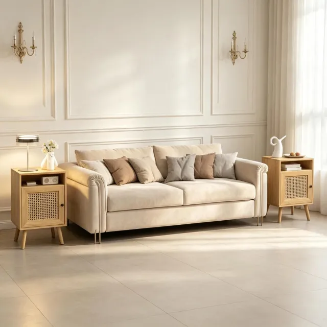 DESMIU Bedtafel Set Van 2 - Natuurlijk Design Met Rieten Deur - Voor Slaapkamer En Woonkamer - Spaanplaat MDF - 39x35x60 Cm - Naturel Natural