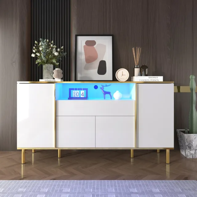 REDOM Dressoir - Hoogglans - LED-Verlichting - 4 Deuren En 1 Lade - MDF En Spaanplaat - Wit - 150 X 40 X 80 Cm