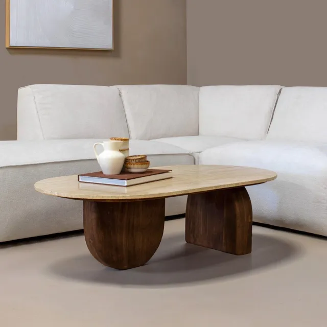 Giga Meubel Salontafel Wessel Ovaal - Travertin/Hout - Bruin - 120x65x38cm