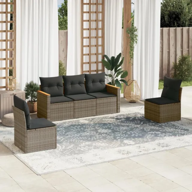 vidaXL 5-delige Loungeset met kussens poly rattan grijs, foto 2