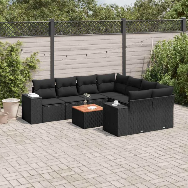vidaXL 9-delige Loungeset met kussens poly rattan zwart, foto 2