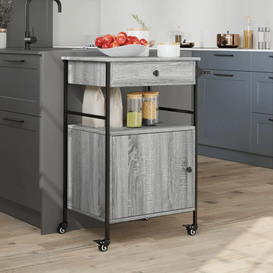 vidaXL Keukentrolley 56x43x89,5 cm bewerkt hout grijs sonoma eiken, foto 4