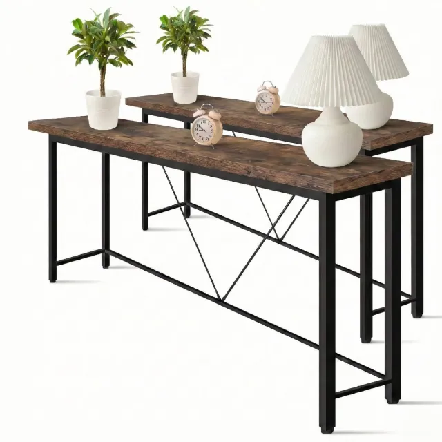IvoQ Industriële Sidetable (Set van 2) – Smalle Wandtafel 23 cm Diep – Bruin – 120 cm Breed – Haltafel Hout & Metaal