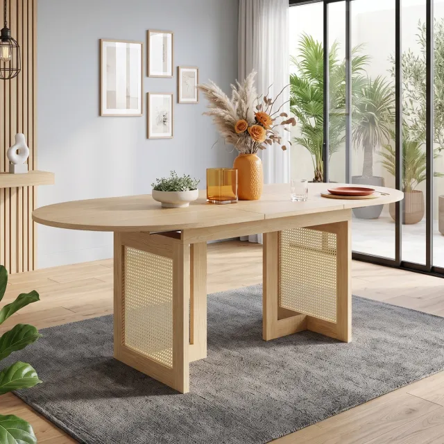 VVBV Ronde Eettafel 160x80x75 cm – Eettafel van MDF – Scandinavisch – Modern Design – Rotan – Voor 6-8 Personen – Eiken