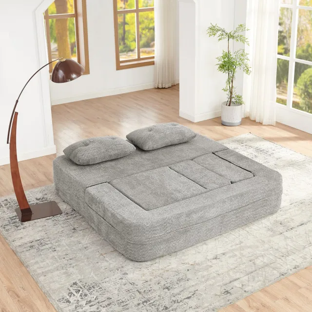 FloraGrace Slaapbank – 3-Zits Modulaire Bedbank 194 cm – Opklapbaar Zonder Montage Met Zijvakken – Voor Woonkamer Of Logeerkamer – Stof – Lichtgrijs