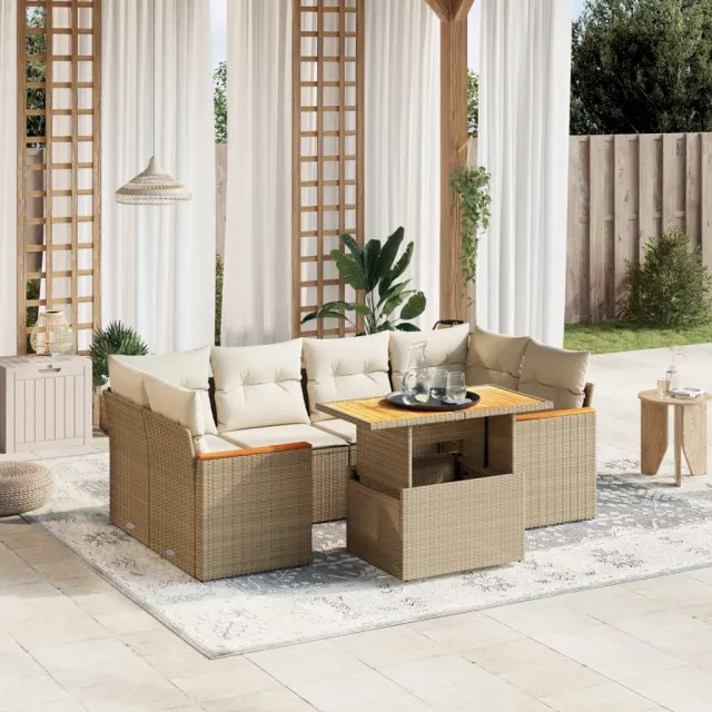 vidaXL 7-delige Loungeset met kussens poly rattan beige, foto 2