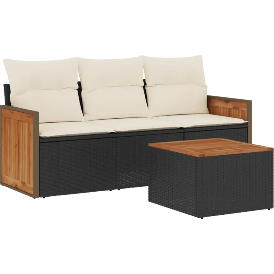 vidaXL 4-delige Loungeset met kussens poly rattan zwart
