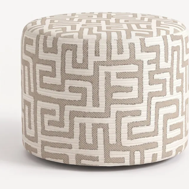 Mörgenn Poef Maze Lin Beige - Ronde Poef en Voetenbank - Jacquard Labyrint - 40x40x40 cm