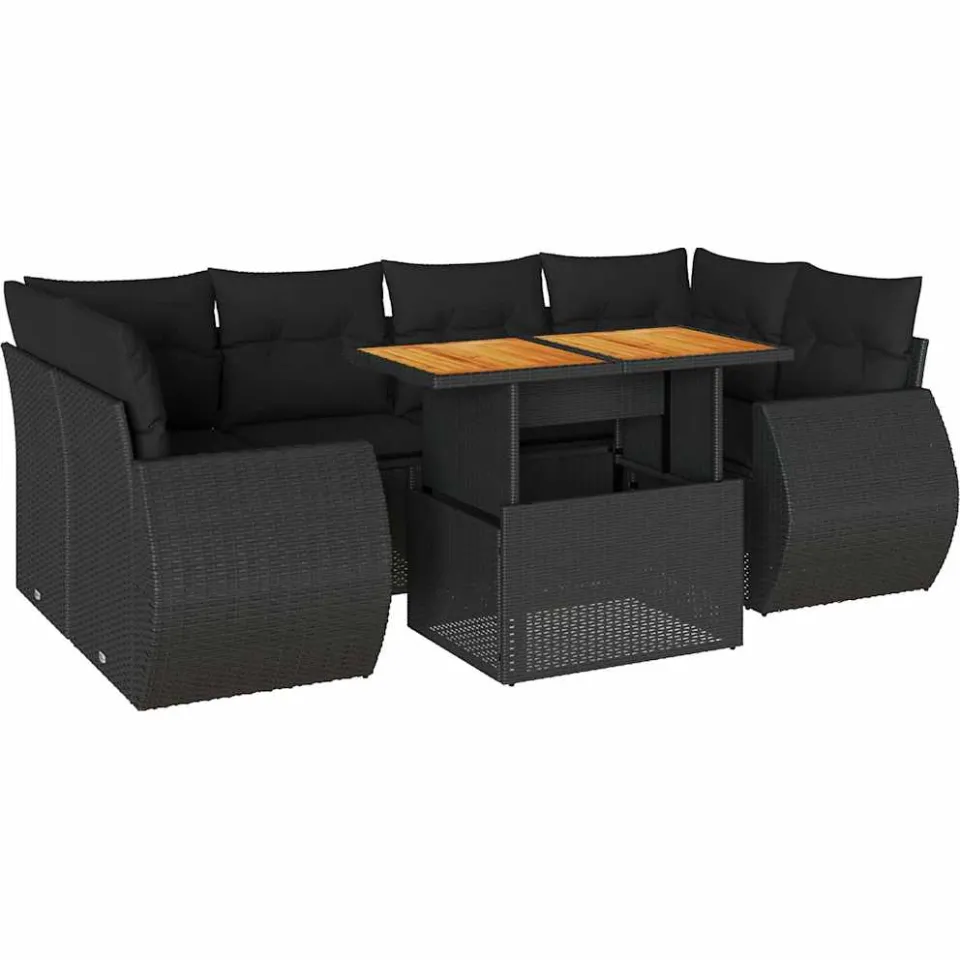 vidaXL 7-delige Loungeset met kussens poly rattan zwart, foto 3