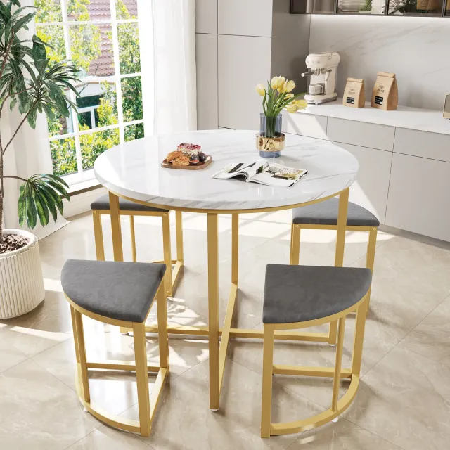 Sweiko Eettafel set met vier stoelen, Ronde eettafel, Eetkamer groep met MDF tafelblad en verguld ijzeren frame, fluwelen stoelen, moderne luxe tafels en stoelen, Grijs