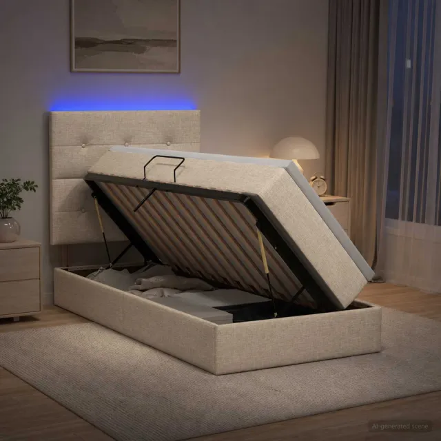 vidaXL LED Opslagbed met Matras Crèmekleurig 100 x 200 cm Stof