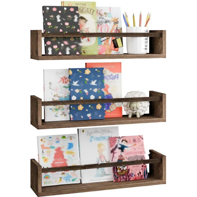 Mrilary Houten zwevende wandplank 3 stuks - Boekenplank voor kinderkamer - Babykamer wandplanken - Massief houten wandplanken - Bruin
