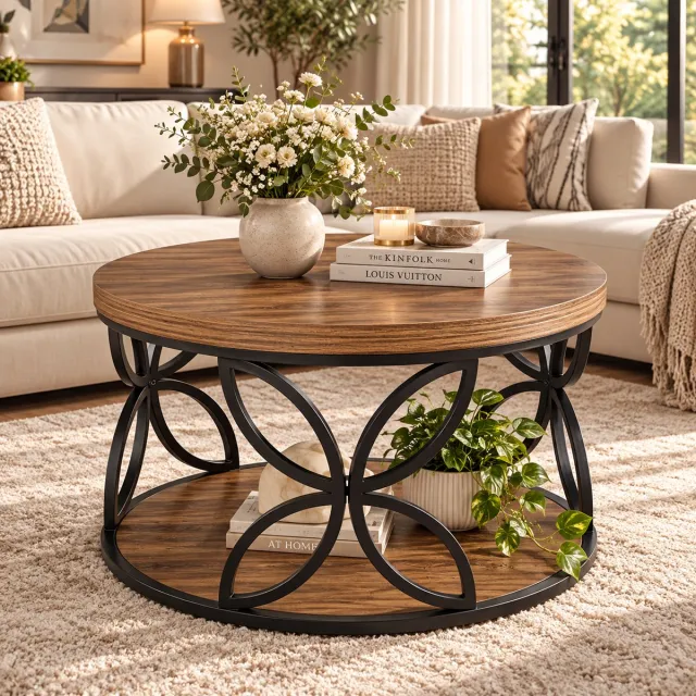 Rojellaa Ronde Salontafel met Houtlook Blad en Zwart Metalen Sierframe Bruin