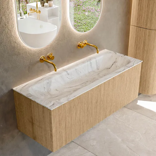 Mondiaz KURVE-DLUX 120 cm Onderkast Greeploos 1 Lade Zonder Deuren Oak, Wastafel Solid Surface Volledig Glace 0 Kraangaten Zonder Spiegel (KRVBGL1201L0D0KM-Oak/Gla)