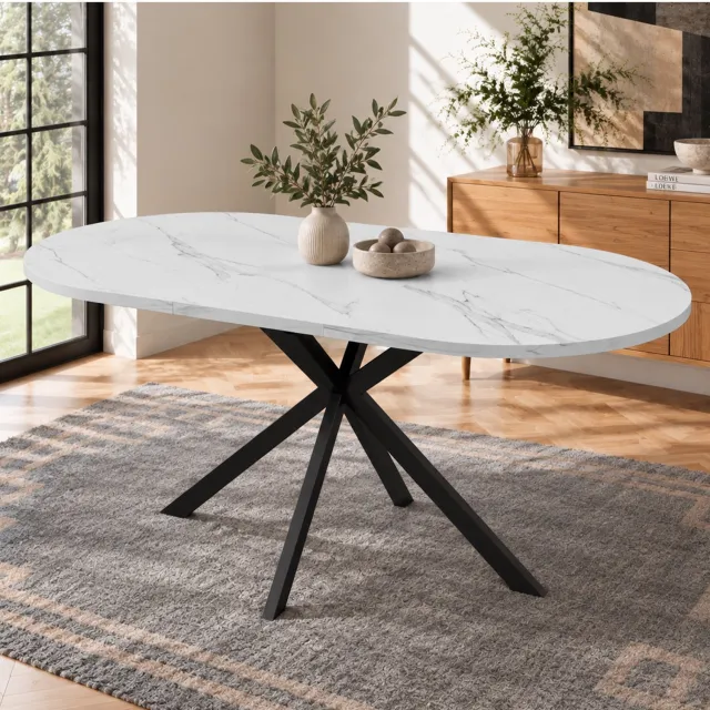FloraGrace Eettafel - Uitschuifbaar Van 120 Tot 160 Cm - Ovaal Voor 4 Tot 6 Personen - MDF En Metaal - Wit - 160x80x75 Cm