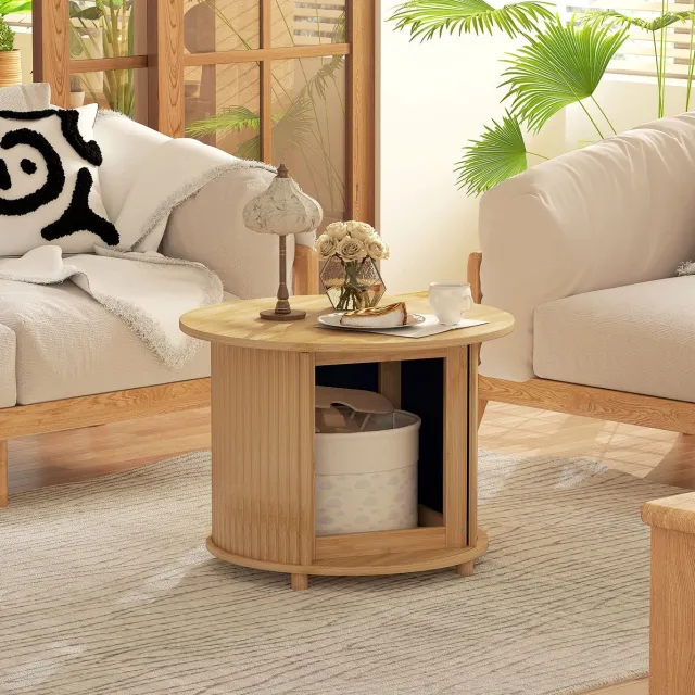 DESMIU Salontafel - Ronde Bamboe Tafel Met Verborgen Opbergruimte En Schuifdeur - Voor Woonkamer - Naturel - 60 x 45 Cm Natuurlijke houtkleur
