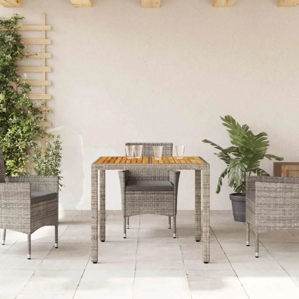 vidaXL Tuintafel met acaciahouten blad 90x90x75 cm poly rattan grijs, foto 3