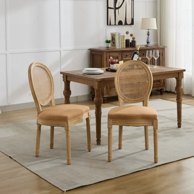 Clruro Eetkamerstoelen - 2 Stuks - Franse Rotan Rug met Antieke Look - Linnen en Hout - Bruin Goud