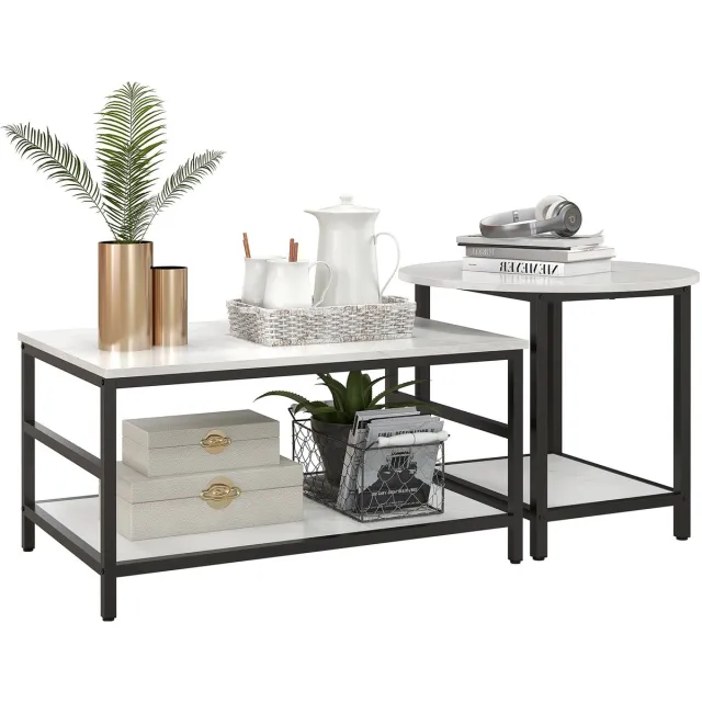 whiqutey Salontafelset, 2 Bijzettafels, Marmerlook, Verstelbare Poten, Staal, Zwart/Wit