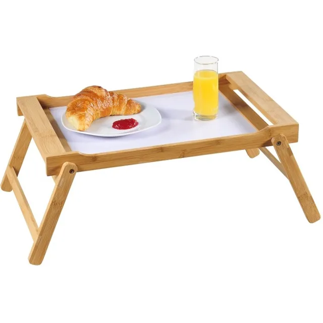 Decopatent© FSC® Bamboe Elegante inklapbare bedtafel met dienblad | Houten Bed tafel | Witte tafel | beddienblad | Ontbijt dienblad | Ontbijt op Bed | Afm. 59 x 33 x 24 Cm. | Kleur: BAMBOE / WIT