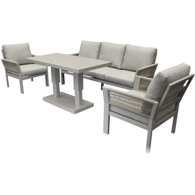 AVH-Collectie Saigon stoel bank dining loungeset 4 delig verstelbare tafel latte zand aluminium Zand / Latte / Linen