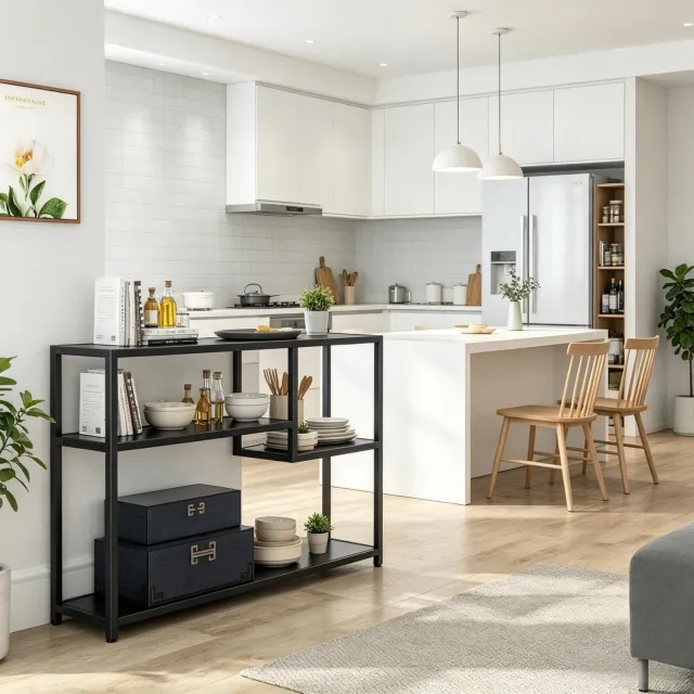 MODENUIT Sidetable - Open Legplanken - Voor Hal en Woonkamer - Staal en Spaanplaat - Zwart - 110x30x85 cm