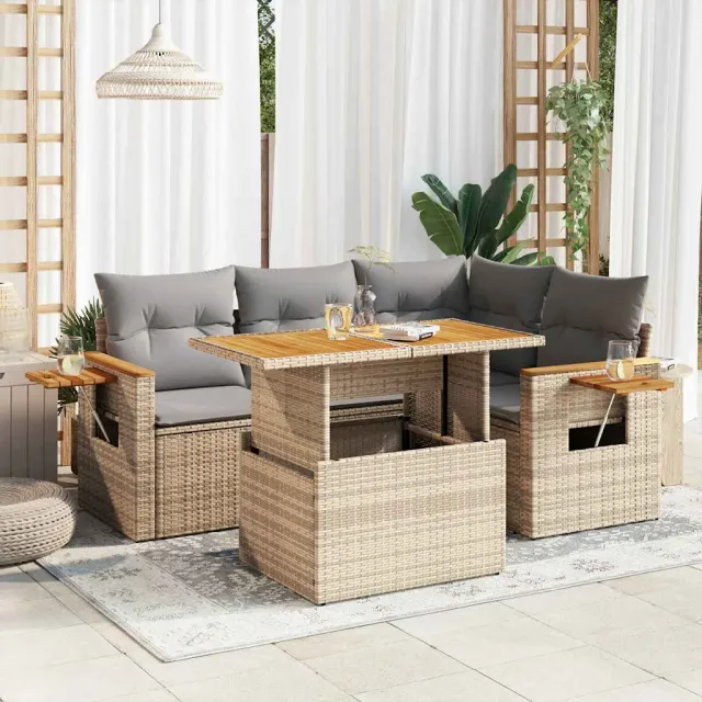 vidaXL 5-delige Loungeset met kussens poly rattan en acaciahout beige, foto 2