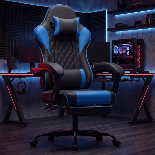 CHICFURN Gamingstoel - Verstelbare rugleuning - Uitschuifbare voetensteun - Zwart en blauw