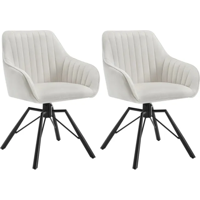 BukkitBow Moderne Eetkamerstoelen Velvet / Fluweel - Met rugleuning en Armleuning met Strepen Patroon en 360 Graden Draaibaar - Set van 2 Stuks - Crème / Wit