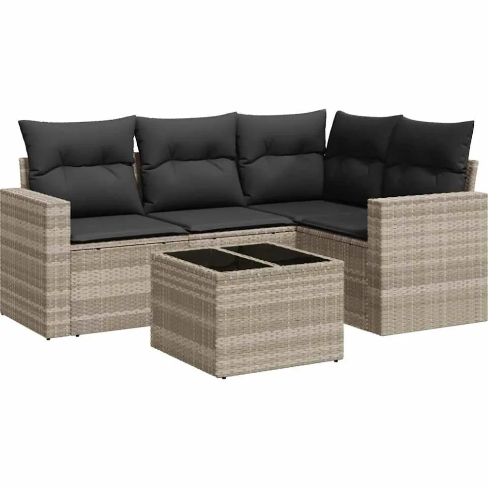 vidaXL 5-delige Loungeset met kussens poly rattan lichtgrijs grijs, foto 4
