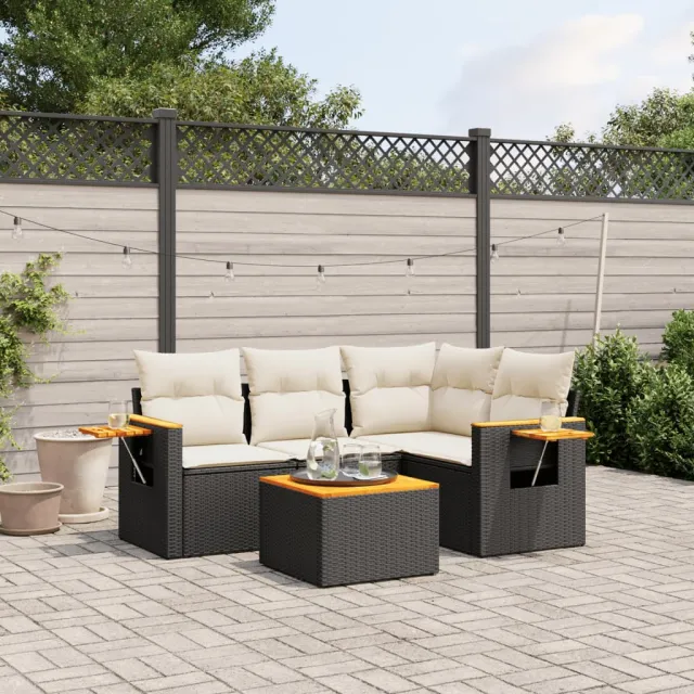 vidaXL 5-delige Loungeset met kussens poly rattan zwart, foto 2
