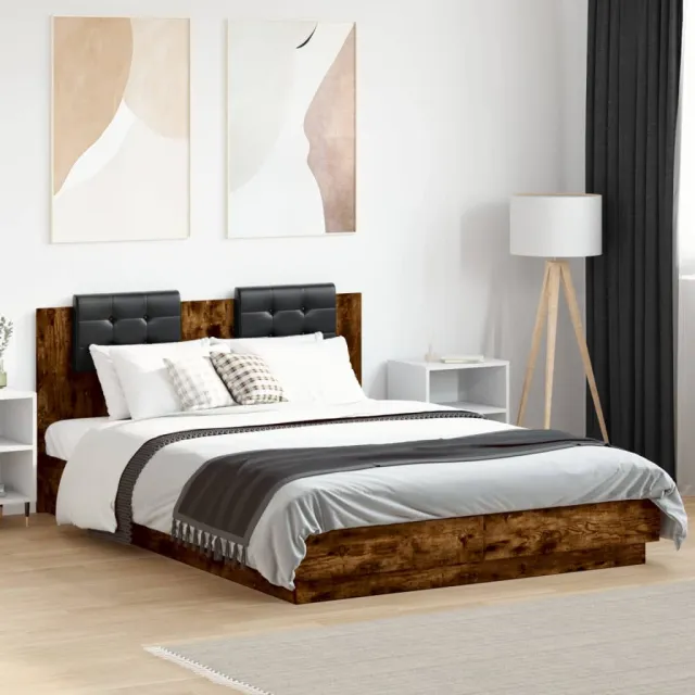 vidaXL Bedframe met hoofdbord en LED gerookt eikenkleur 140x200 cm Bruin