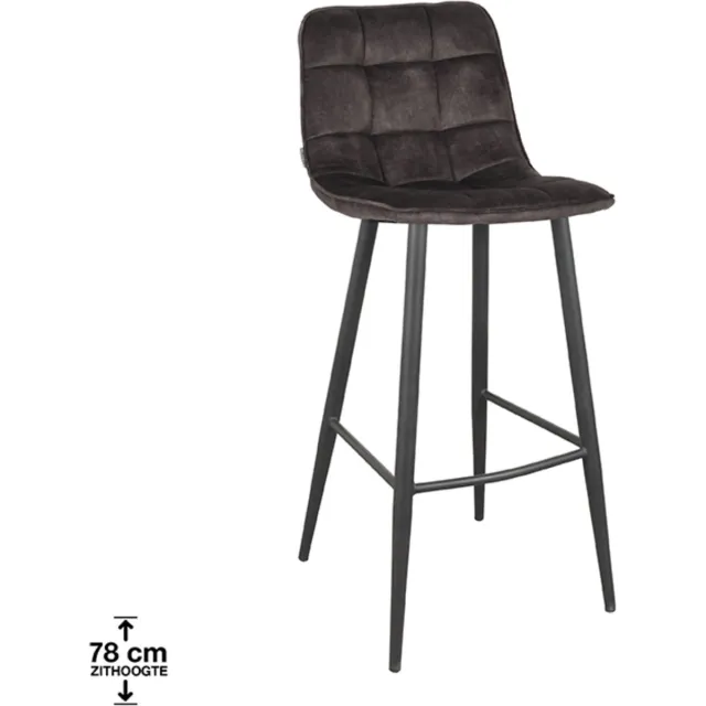 LABEL51 Jelt Barkruk - Grijs - Velvet - Hoog - Kruk Antraciet