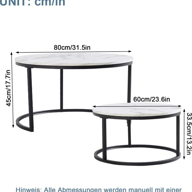 MEUNIQ salontafelset van 2 – nestbare salontafels met wit MDF-blad in marmerpatroon, zwart ijzeren frame, voor woonkamer of kantoor Wit/Zwart