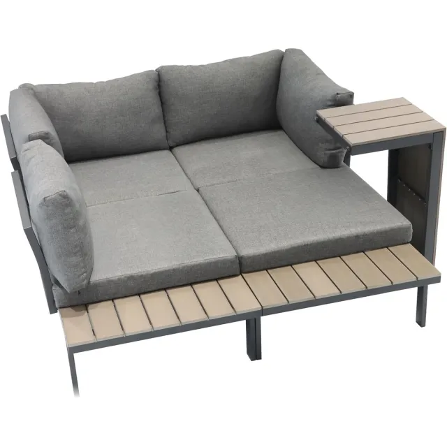 Laura Modulaire 3-delige Loungeset voor Tuin en Terras 2x Loungebank 155x70x64 cm + 1x Tafel 70x40x40 cm – Weerbestendig, Modern Houtlook Design, Inclusief Kussens – Laura Grijs