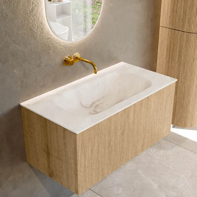 Mondiaz KURVE-DLUX 90 cm Onderkast Greeploos 1 Lade Zonder Deuren Oak, Wastafel Solid Surface Midden Frappe 0 Kraangaten Zonder Spiegel (KRVBGS901L0D0KM-Oak/Fra)