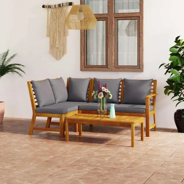 vidaXL 4-delige Loungeset met kussens massief acaciahout grijs