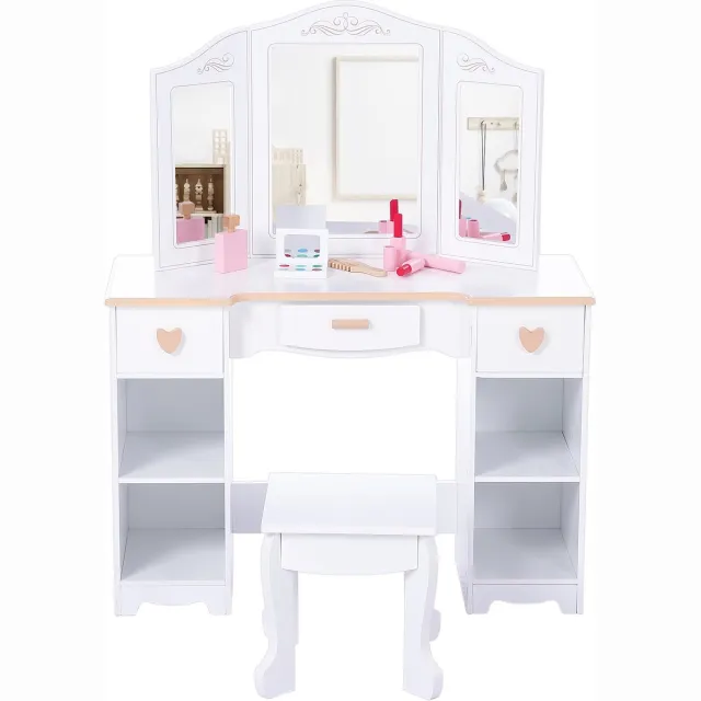 Triumpunpre Prinsessen toilettafel voor kind – Make-up tafel – Met spiegel, krukje, lades en planken – Rollenspel – Voor meisjesslaapkamer – Wit