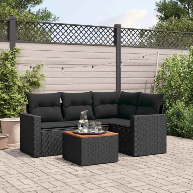 vidaXL 5-delige Loungeset met kussens poly rattan zwart, foto 2