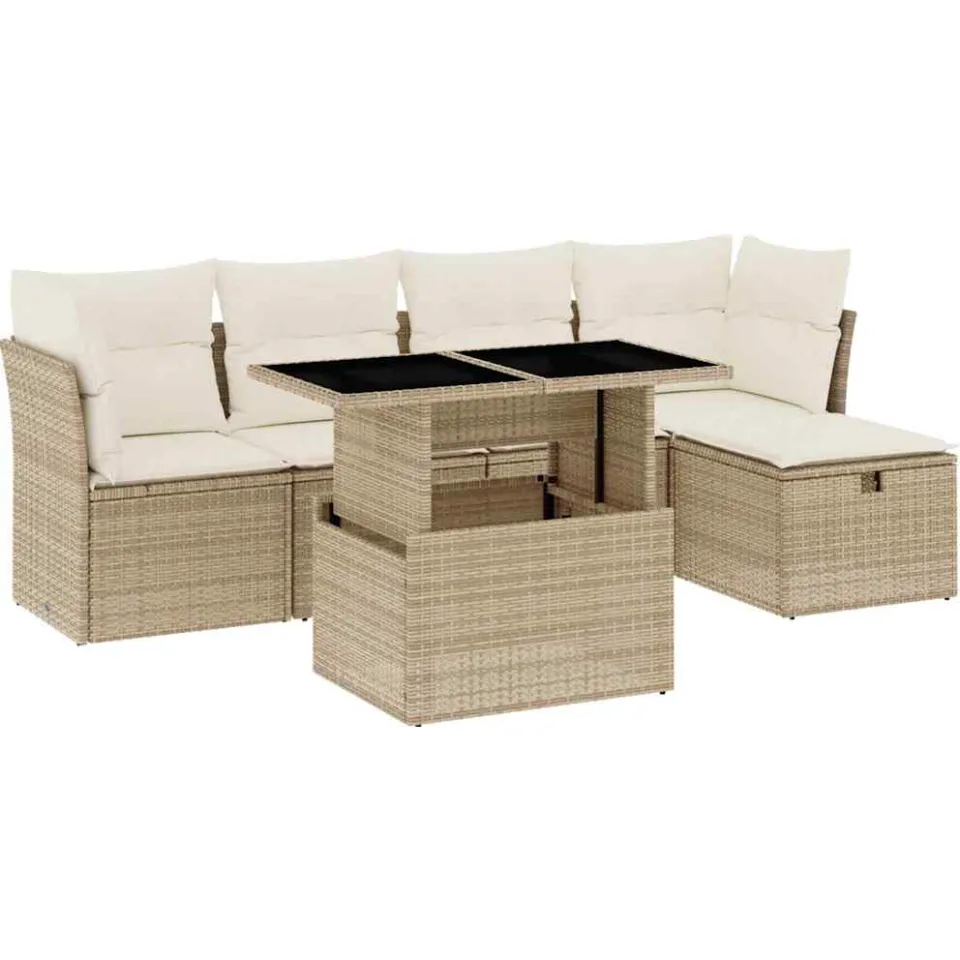 vidaXL 6-delige Loungeset met kussens poly rattan beige, foto 3