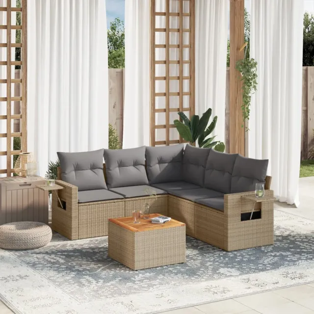 vidaXL 6-delige Loungeset met kussens poly rattan gemengd beige, foto 2