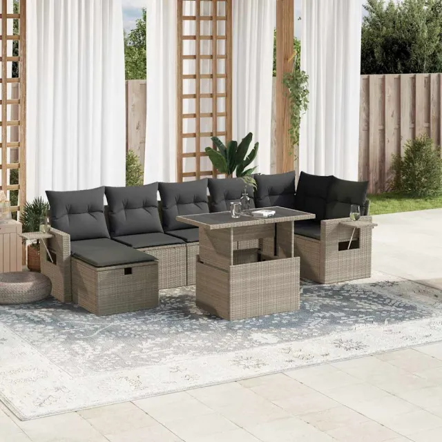 vidaXL 8-delige Loungeset met kussens poly rattan lichtgrijs grijs, foto 2